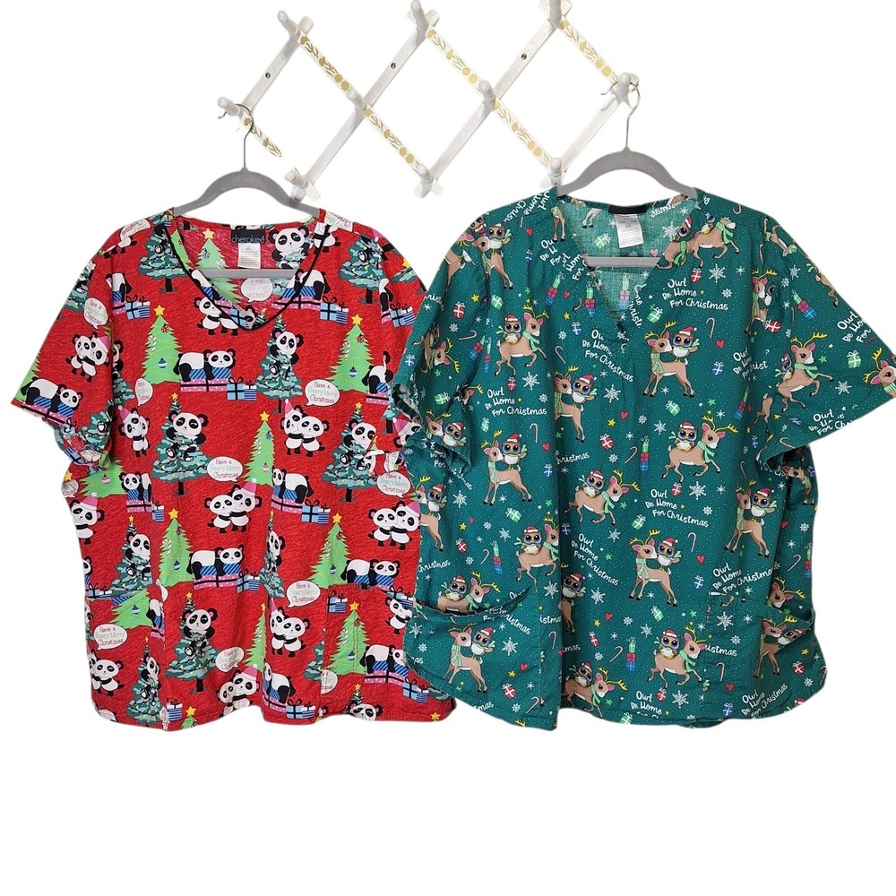 Cherokee Tooniforms Womens Scrub Tops 4XL Christmas Theme Nurse Medical Lot of 2